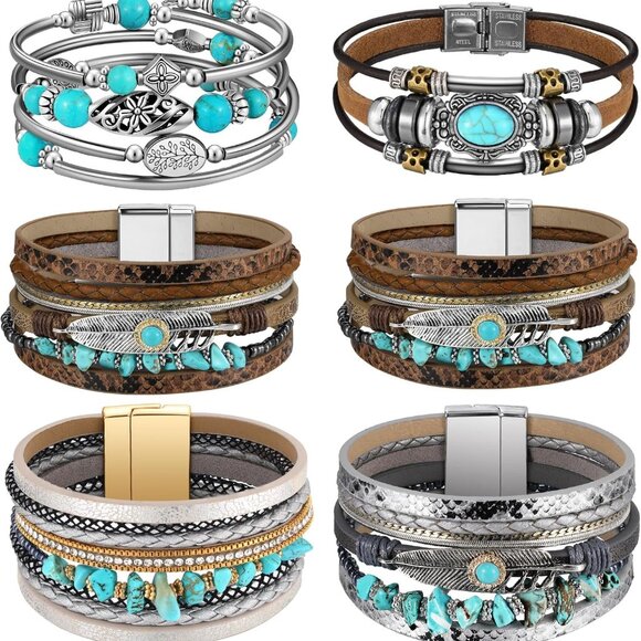 Women Leather Turquoise Bracelets Set Boho Western Jewelry 6 pcs - Picture 1 of 6